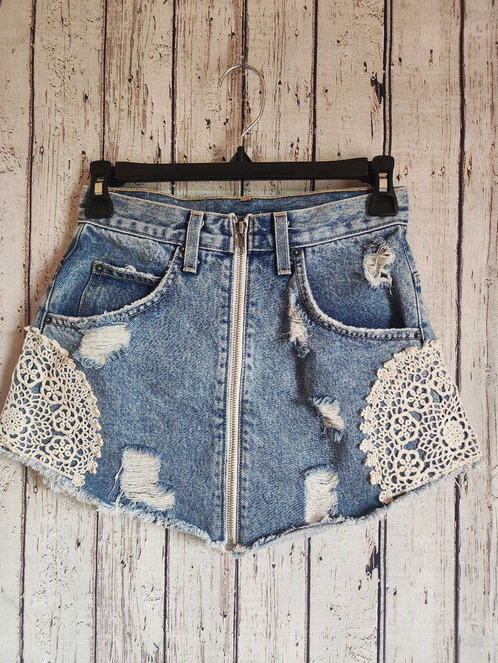 CARMAR Denim Skirt 25 Distressed Crochet Lace Mini Y2K Boho Festival Full Zip